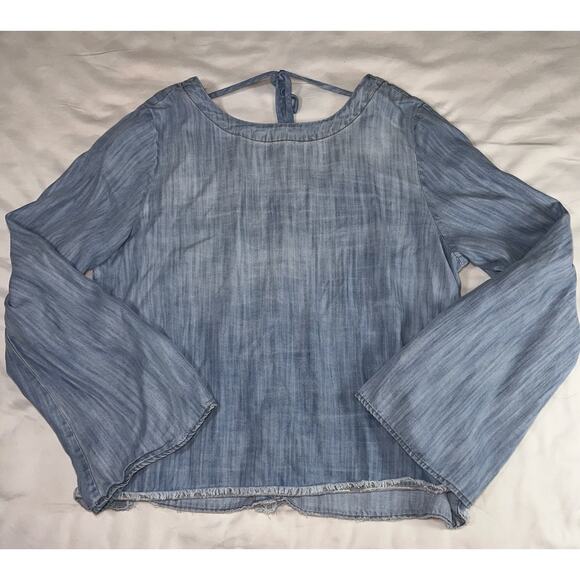 Cloth & Stone Shirt Size L Blue Chambray Flare Sleeve Open Tie Back Anthropologi - Picture 1 of 15